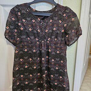 💚ab.F.Z Boho Floral Print Sheer Blouse with Front Buttons Short Sleeve Size M